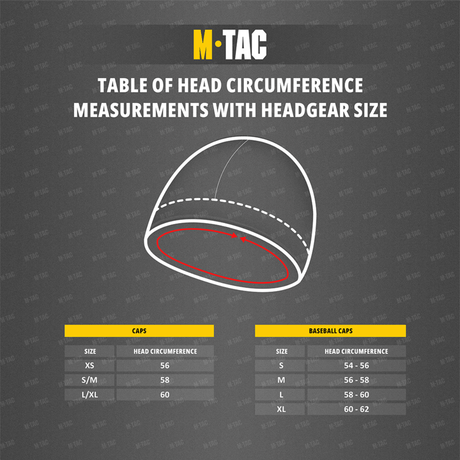 M-Tac Watch Cap Elite Fleece Beanie Hat størrelsestabel til hovedomkreds og hovedbeklædning, viser størrelser fra XS til XL.