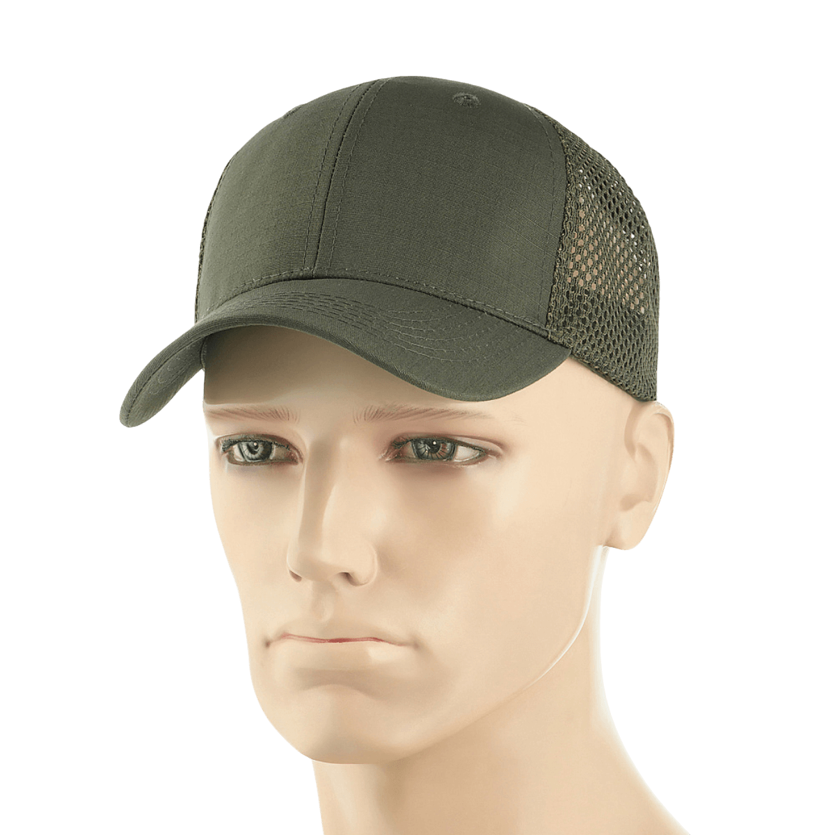 M-Tac Mesh Flex Ripstop Baseball Cap på mannequin, praktisk og holdbar med ripstop front og mesh for ventilation, justerbar Velcro-strop.