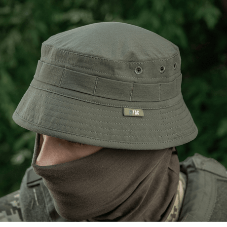 M-Tac Panamahat Gen. II Summer Flex i olivengrønt nylon/elastan med NIJ-certificering vist i galleri position 1 på person med ansigtsdækning