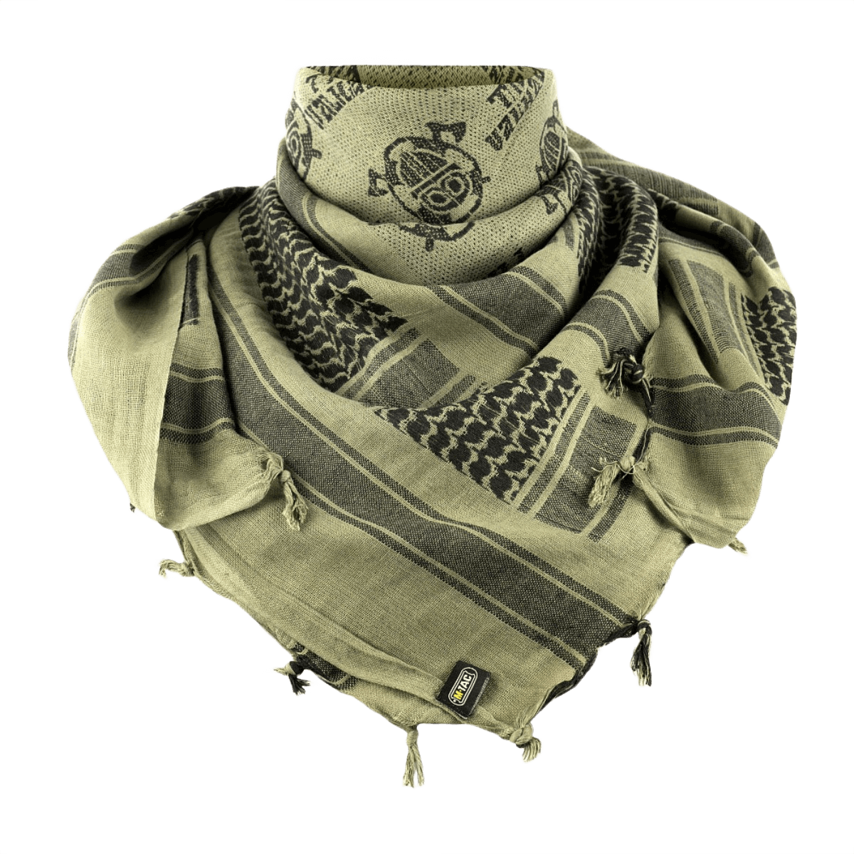 M-Tac Shemagh Tørklæde Til Valhall i olivengrøn, 105x105 cm bomuldstørklæde til beskyttelse mod sol, sand og vind, anvendt af militæret.