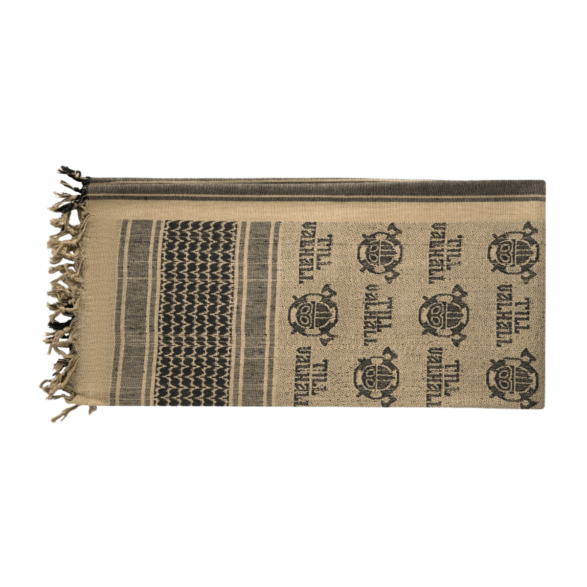 M-Tac Shemagh Tørklæde Til Valhall i 100% bomuld med "Til Valhall" motiv, beskytter mod sol, sand og vind, 105x105 cm.