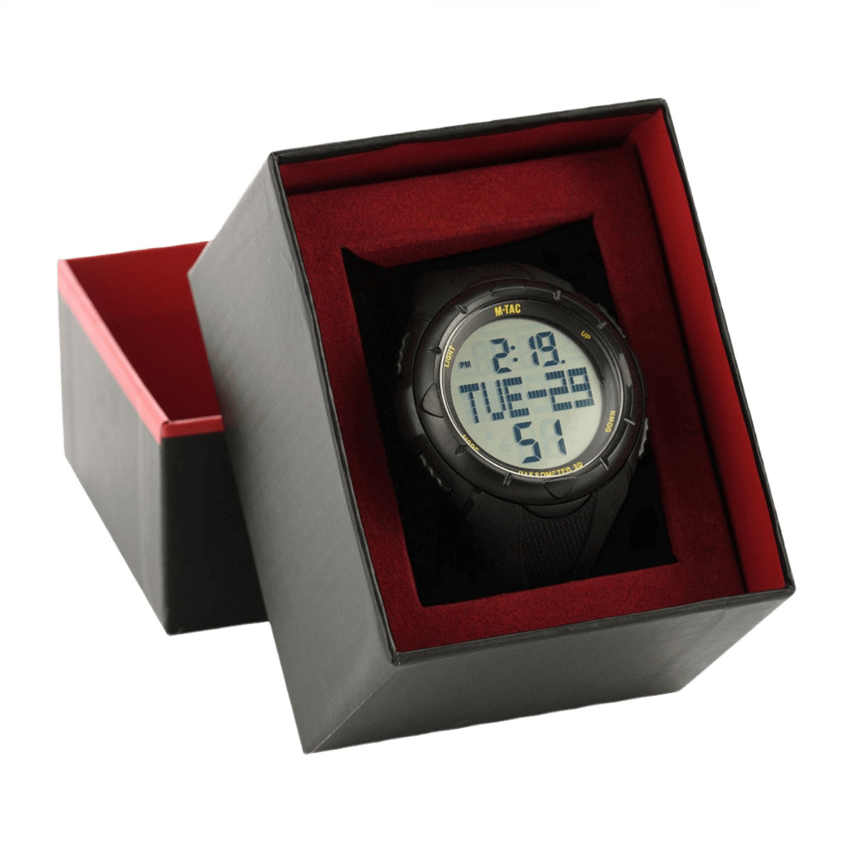 M‑Tac Taktisk Ur med Pedometer i gaveæske, perfekt til sport og udendørs aktiviteter, med funktioner som skridttæller og vandtæt design.