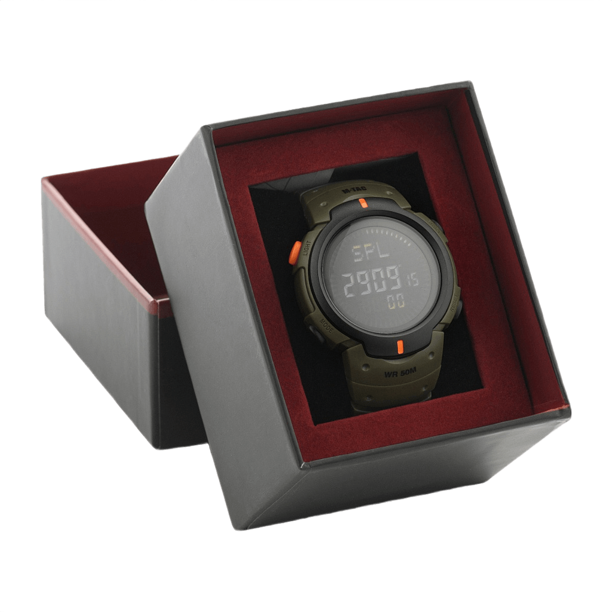 M‑Tac Taktisk Compass Ur i æske, perfekt til udendørs aktiviteter og ekstreme situationer, vandtæt ur med elektronisk kompas og alarmer.