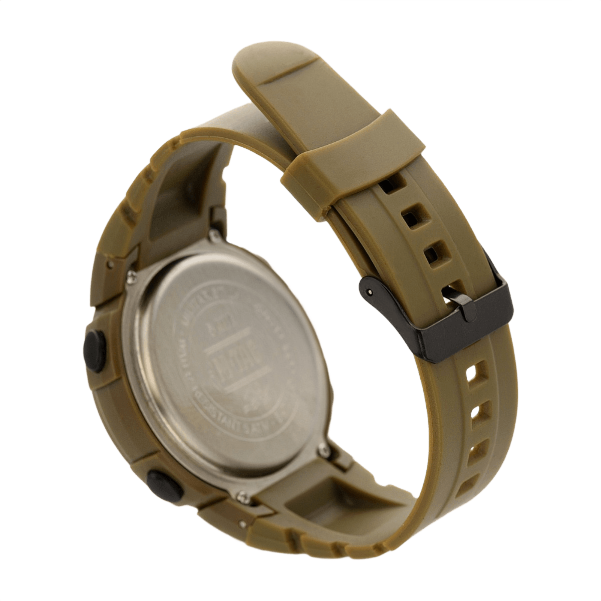 Bagsiden af M‑Tac Taktisk Compass Ur med gummiarmbånd og vandtæt design, perfekt til udendørs aktive begivenheder.