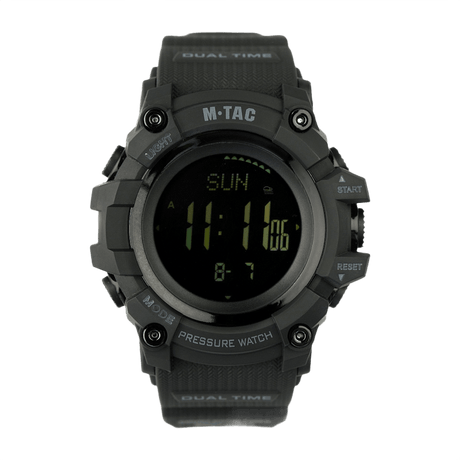 M‑Tac Tactical Adventure Watch with barometer, compass and pedometer, water-resistant polycarbonate case, ideal for outdoor and military use.