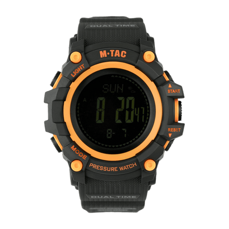 M‑Tac Tactical Adventure Watch in black and orange showing altimeter, barometer and 3D pedometer on the display.