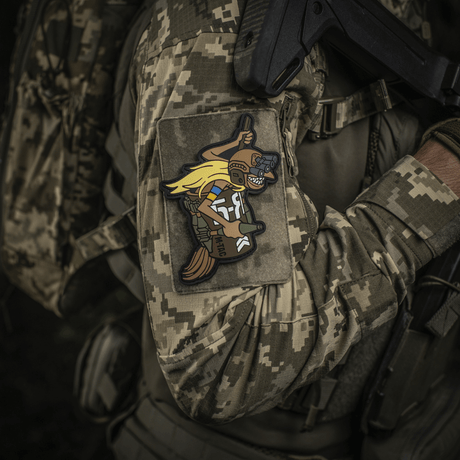 M‑Tac Patch Baba-Yaga Vertical on a camouflage jacket, inspired by Ukrainian UAV operators, showing Baba Yaga with night-vision goggles and grenades.