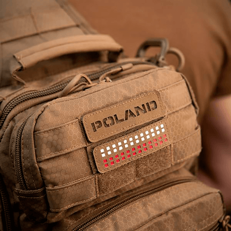 M‑Tac Patch Poland End-to-End 25x80 on a backpack in Cordura with Velcro attachment, laser-cut inscription, 25x80 mm.