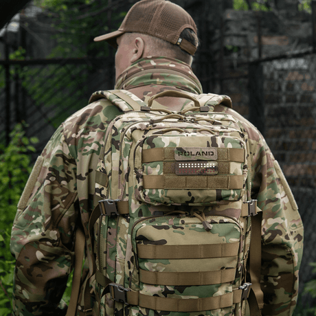 M‑Tac Patch Poland End-to-End 25x80 on a camouflage backpack, durable Cordura 500D with velcro fastener.
