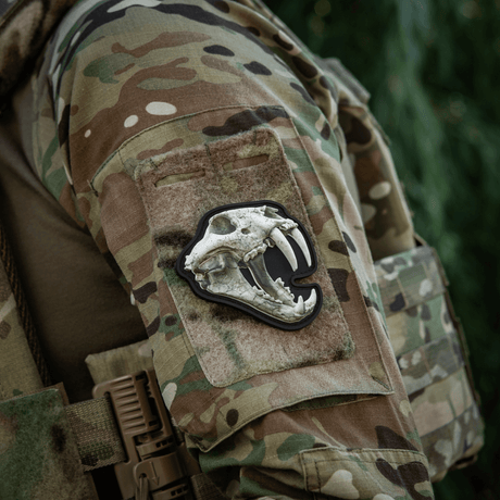 M‑Tac Patch Old Tiger with tiger skull design in 3D on a camouflage jacket, symbolizes courage among Ukrainian soldiers. Dimension: 8x6,5 cm.
