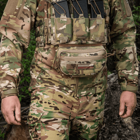 M-Tac Patch Flag 25x80 Mini Squares mounted on tactical military clothing in camouflage.