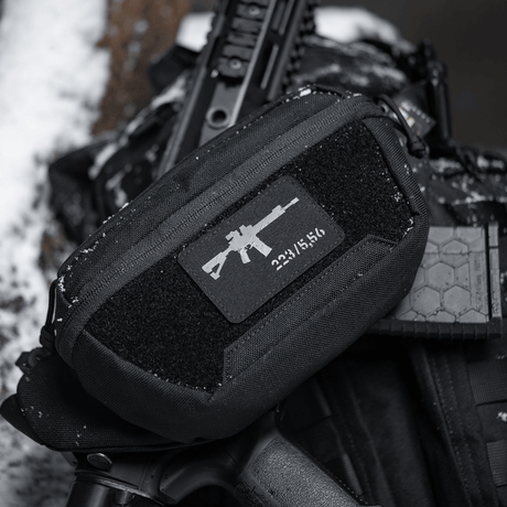M-Tac AR-15 223/5,56 Laser Cut Patch on black bag, tactical Velcro morale patch, Cordura 500D material.