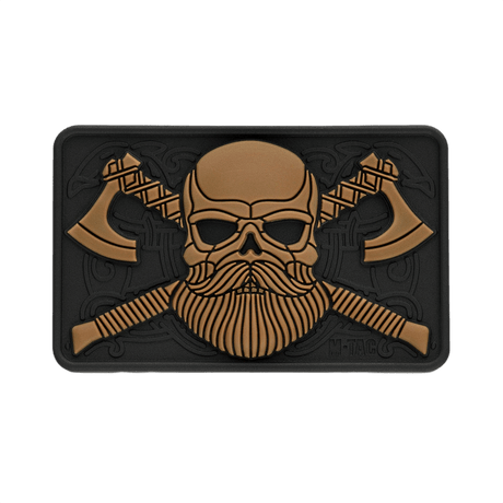 M-Tac Bearded Skull 3D PVC Patch with 3D bearded design and two crossed axes in durable PVC rubber for tactical use and outdoor activities.