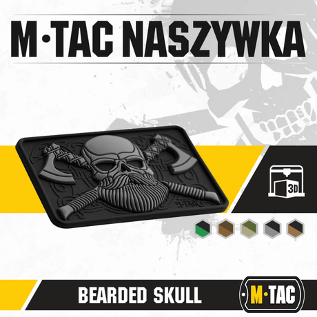 M-Tac Bearded Skull 3D PVC Patch with bearded skull motif for tactical use with Velcro fastening, durable for military use.