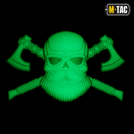 M-Tac Bearded Skull 3D PVC Patch with bearded skull and axes, in durable PVC with Velcro for easy attachment to tactical gear and camouflage.