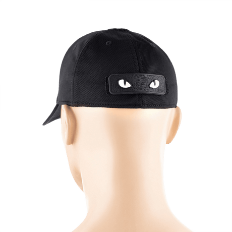 M-Tac Cat Eyes 3D PVC Patch on black hat, reflective and easy attachment via Velcro, ideal for military and outdoor use.
