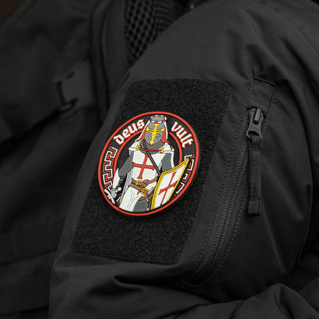 M-Tac Deus Vult 3D PVC patch attached to jacket with Velcro, military morale patch with knight motif and text 'Deus Vult', 80mm diameter