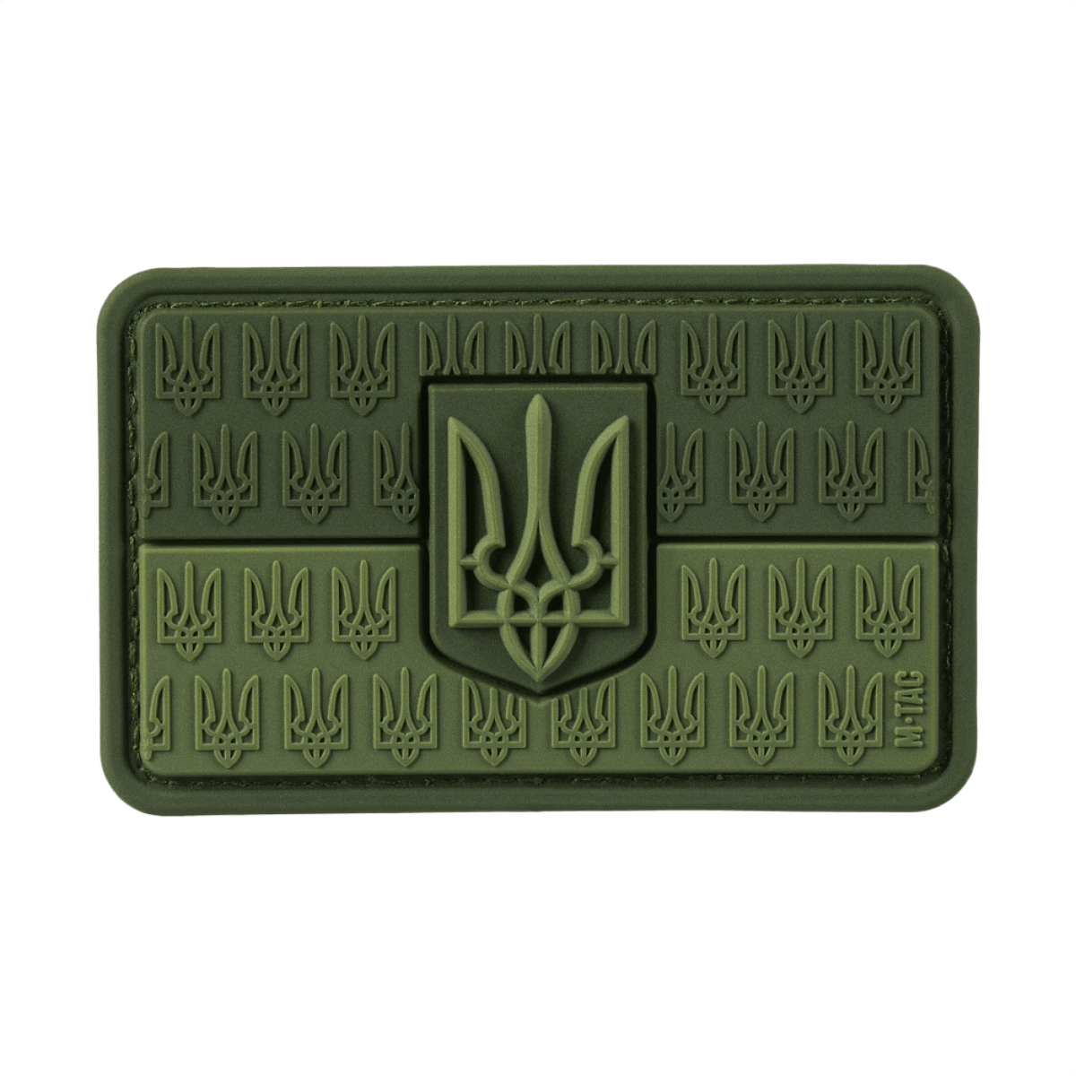 M-Tac Patch Ukraine Flag med Våbenskjold i PVC med 3D-relief og Trident på grøn baggrund, velegnet til tøj eller udstyr.