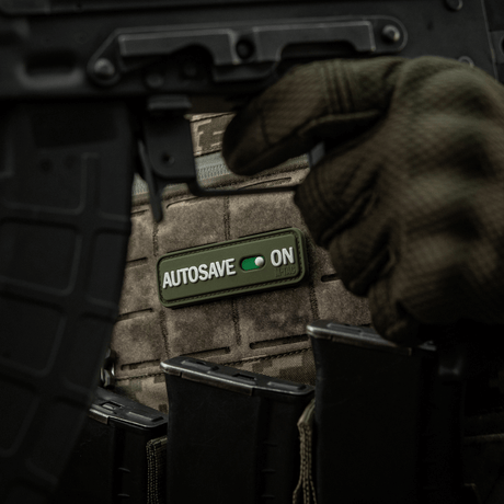M-Tac Autosave PVC patch on tactical vest with 3D effect and Velcro backing, perfect for clothing and gear, PVC material, dimensions 8x2.5 cm