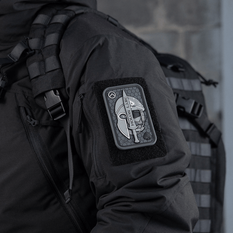 M-Tac Patch Molon Labe 3D PVC on jacket with Velcro backing, inspired by the 300 Spartans, realistic rubber (PVC) 3D effect