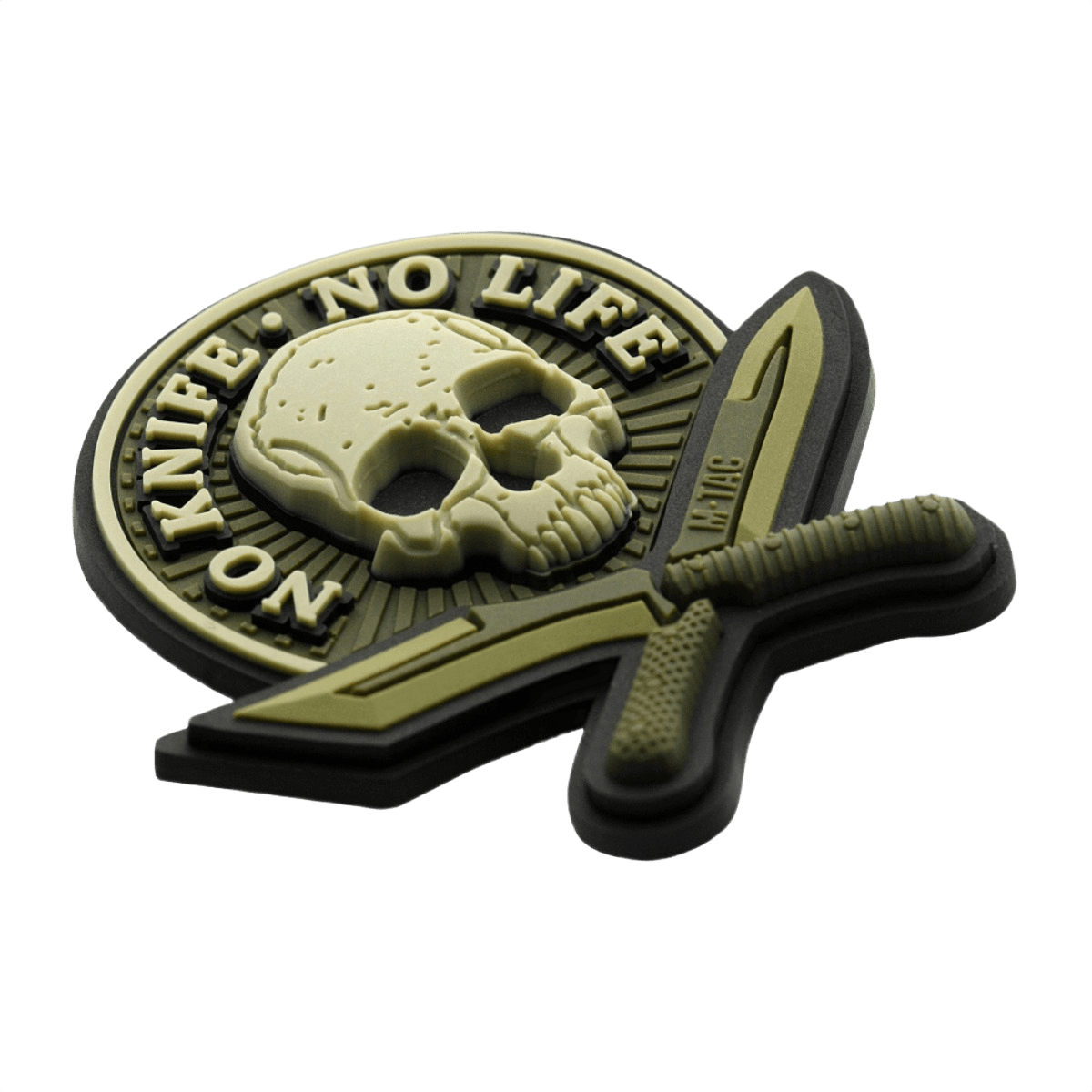 Taktisk M-Tac Patch No Knife – No Life 3D PVC med kniv og dødningehoved, 50x50 mm, velcro bagpå, realistisk 3D-look