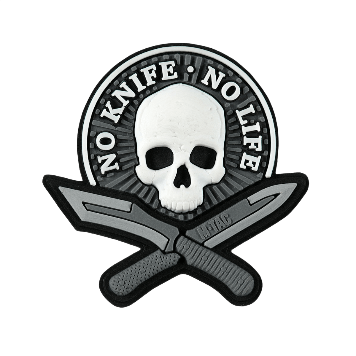 M-Tac Patch No Knife – No Life 3D PVC, taktisk morale patch med kranium og knive, 3D-effekt, velcro bagside, 50x50 mm