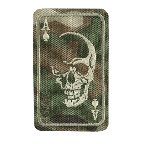 M-Tac Patch Face of War (Embroidered) with skull symbol and ace of spades design embroidered on Cordura 500D material, 8.5 x 5.2 cm.
