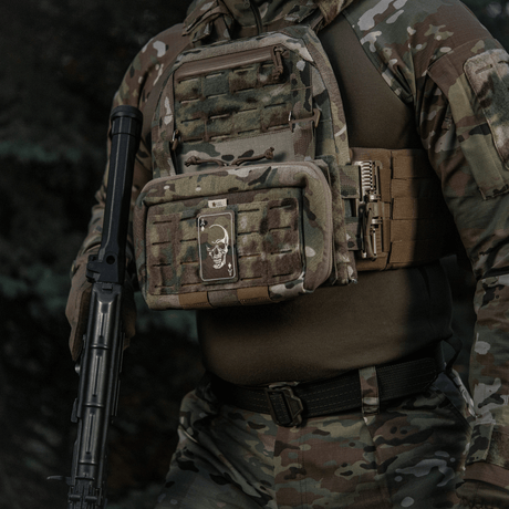 M-Tac Patch Face of War (Embroidered) in Cordura 500D with skull motif on an ace of spades card, attached to a tactical vest.