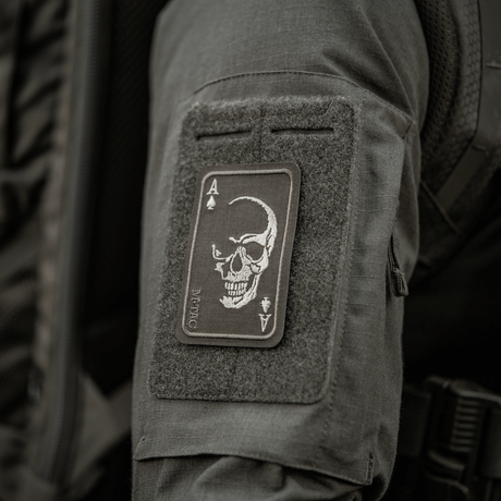 M-Tac Patch Face of War (Embroidered) on jacket, skull embroidery on an ace of spades, inspired by the Vietnam War, Cordura 500D, attached with Velcro.
