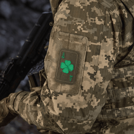 M-Tac Patch Lucky Card (Embroidered) on camo suit, clover embroidered in Cordura 500D, attached with Velcro, symbolizes luck and protection.