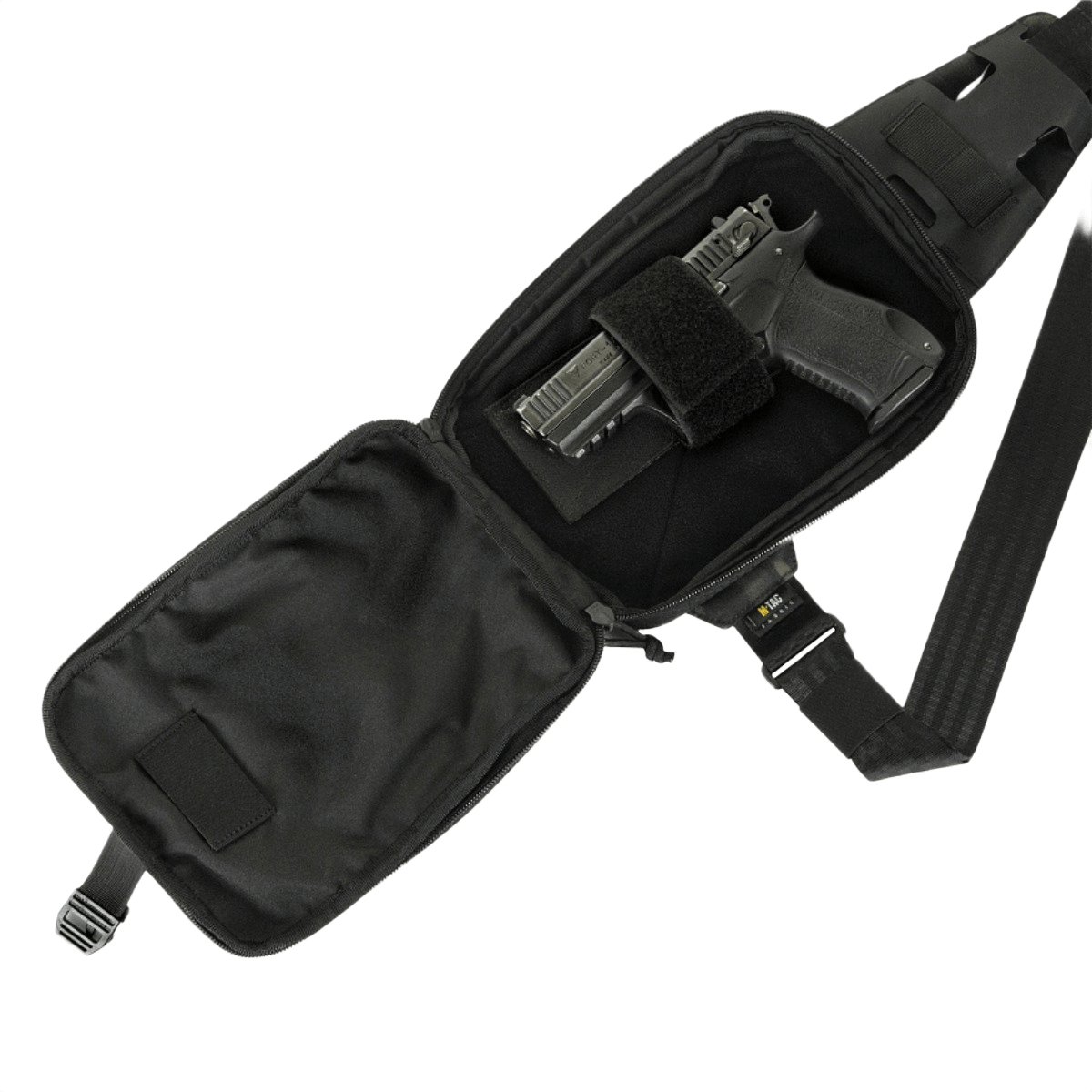M-Tac Sling Pistol Taske Elite Hex med Velcro i sort, åben til at vise fastgjort pistol, lavet af slidstærk Cordura 1000D og Cordura Hex.