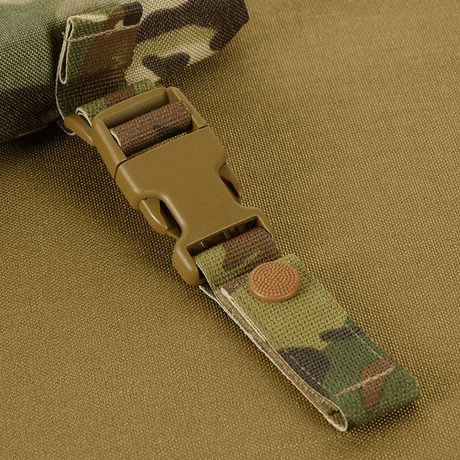 M-Tac Seat Mat with ARMOR belt fitting with camouflage pattern and heavy-duty buckle for tactical mounting.