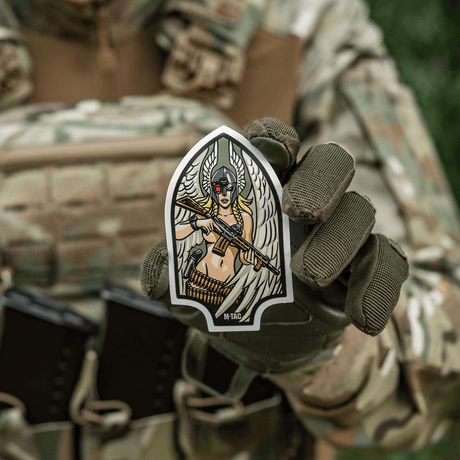 M-Tac Valkyrie sticker showing war goddess with M4 and helmet, inspired by the Arrowhead patch of the World War 2 First Special Service Force.
