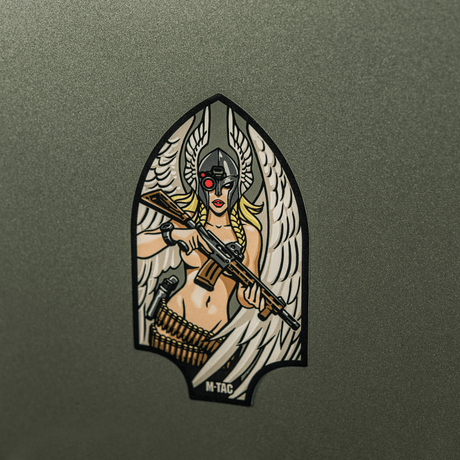 M-Tac Valkyrie sticker shows a Valkyrie with a Norman helmet and M4 rifle, shaped like an American-Canadian Arrowhead patch.