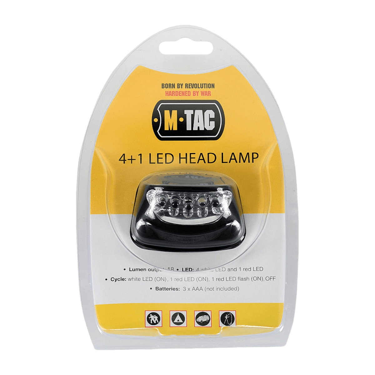 Emballage til M-Tac Pandelygte 4+1 LED med funktioner og batterikrav angivet i teksten.