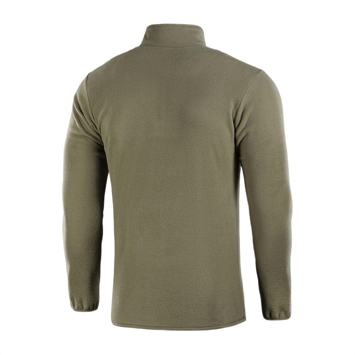 Bagside af M-Tac Delta Fleece Jakke i olivengrøn, ideel til koldt vejr med behagelig pasform og tommelhuller i ærmerne.