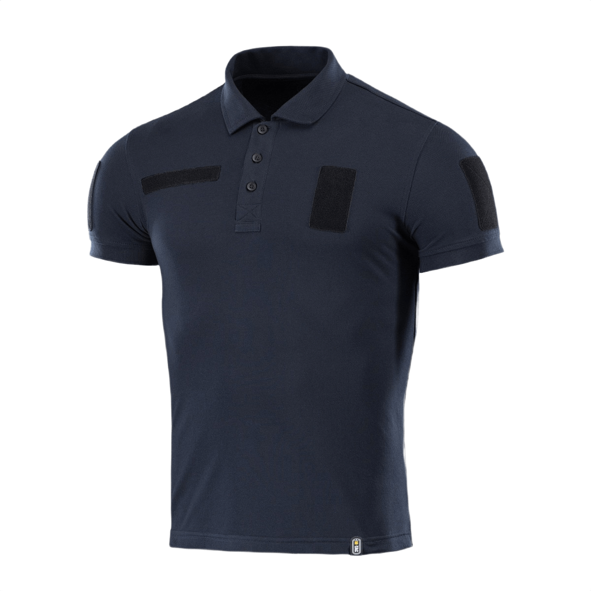 M-Tac Tactical Polo Shirt 65/35 i marineblå med velcro-paneler, designet til politi og sikkerhedsarbejde for komfort og holdbarhed.