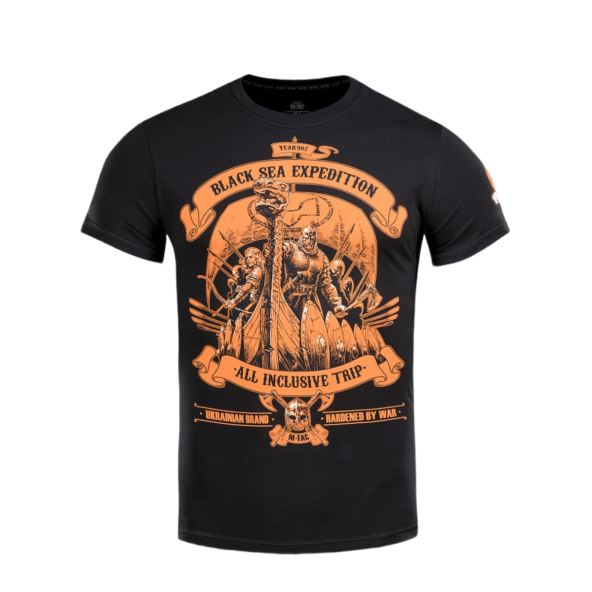 M-Tac T-shirt Black Sea Expedition i sort med eventyrtryk, lavet af 93% bomuld og 7% elastan, ideel til udendørs aktiviteter.