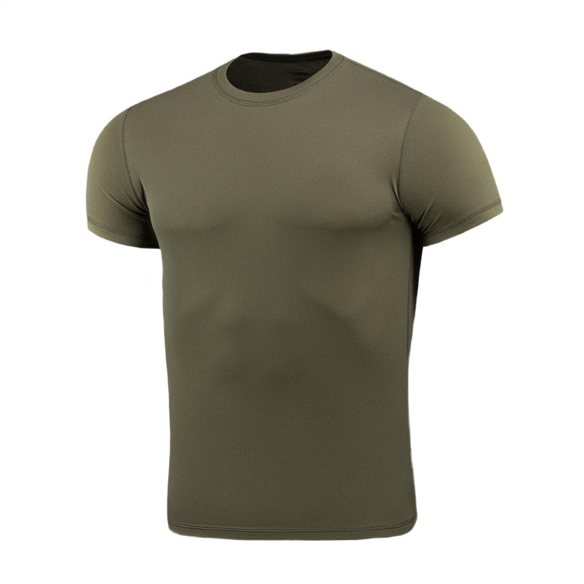 M-Tac Tactical Sweat-Wicking T-Shirt Summer i olivengrøn, fremstillet af 100% polyester med svedtransporterende og hurtigtørrende egenskaber.