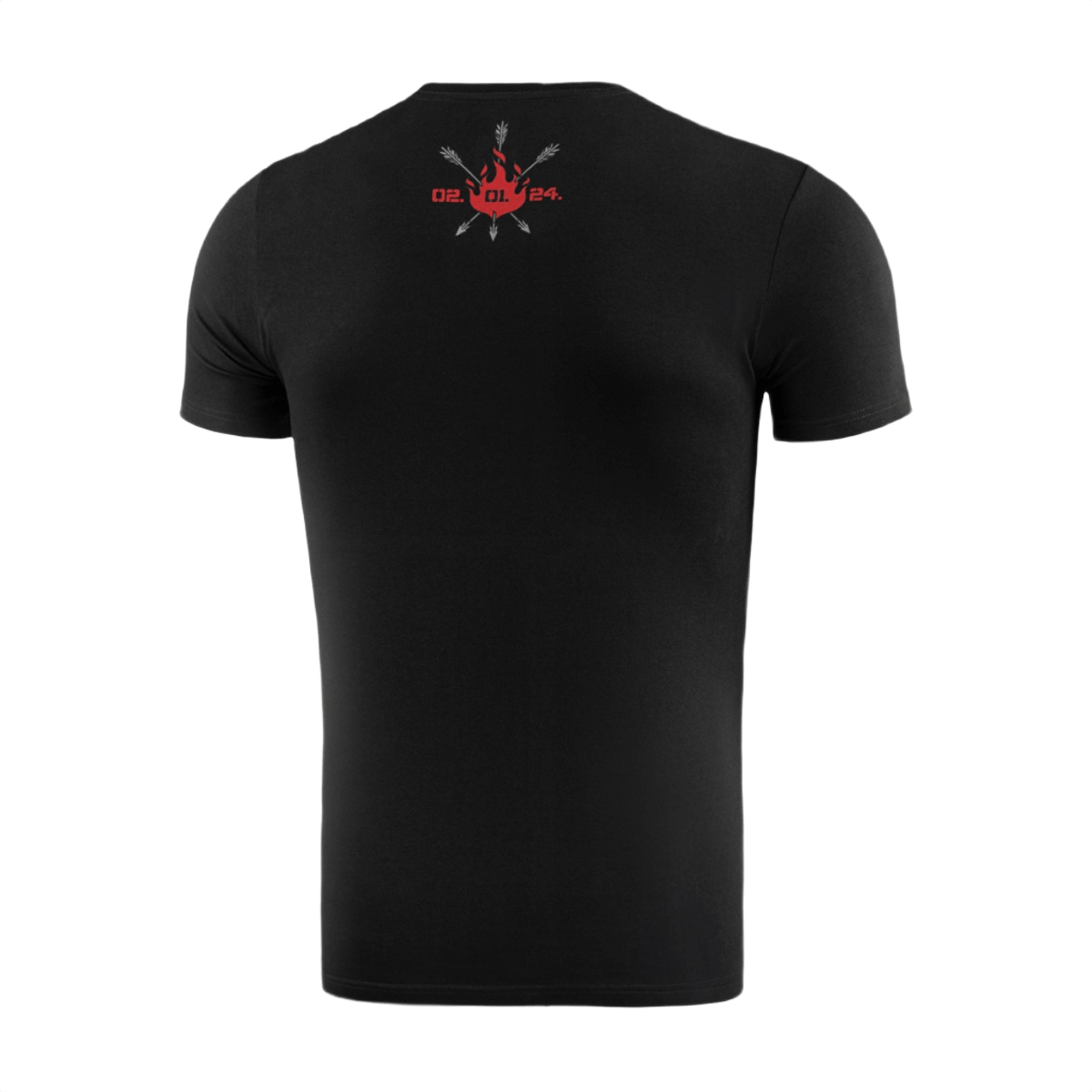 Bagside af M-Tac T-Shirt Phoenix med flammer, krydsede pile og datoen 02.01.24, symboliserer genfødsel og styrke.