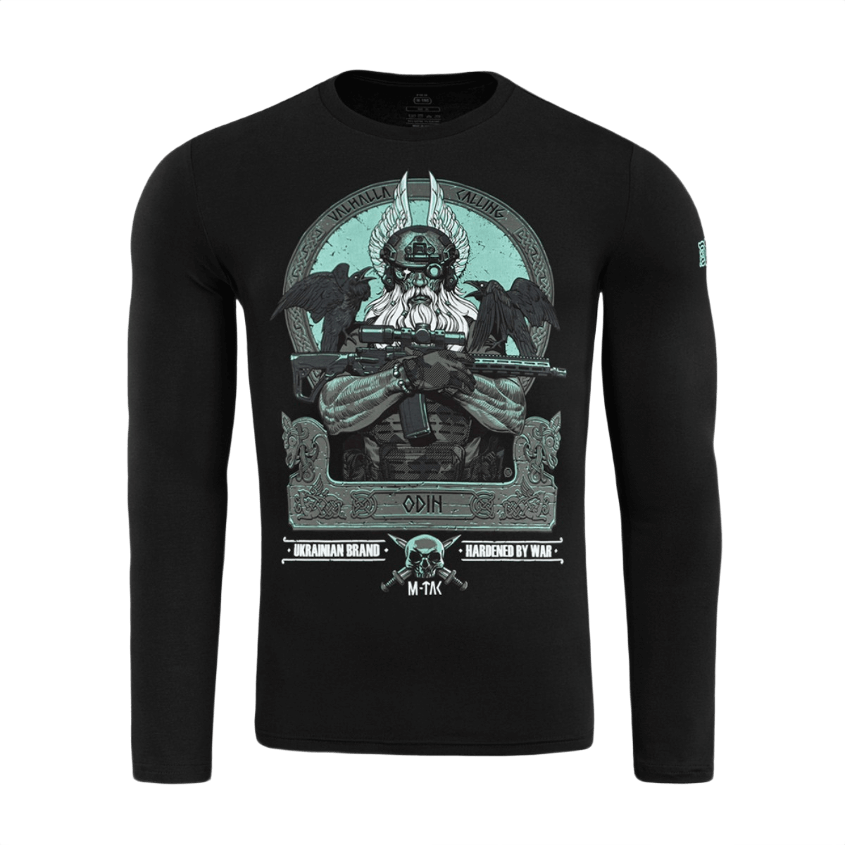 M-Tac T-Shirt Odin Mystery Long Sleeve med Odin og ravnene Hugin og Munin, moderne kampudstyr og teksten 'Valhalla Calling'.