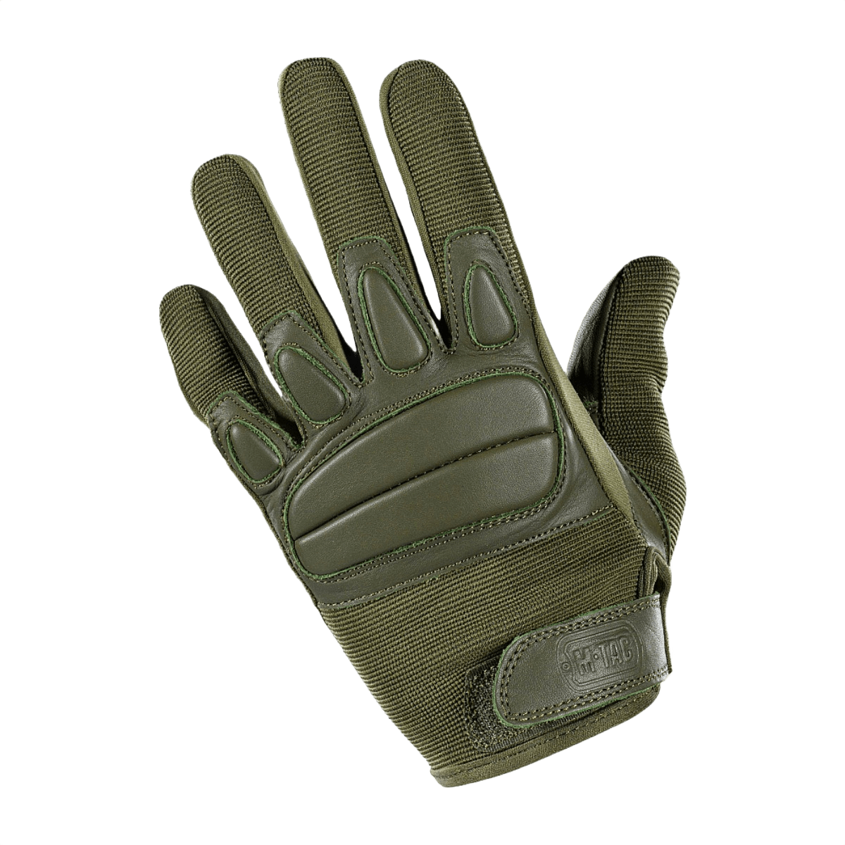 M-Tac Handsker Assault Tactical Mk.2 i olivengrøn farve med justerbar velcro og støddæmpende inserts til beskyttelse og komfort.