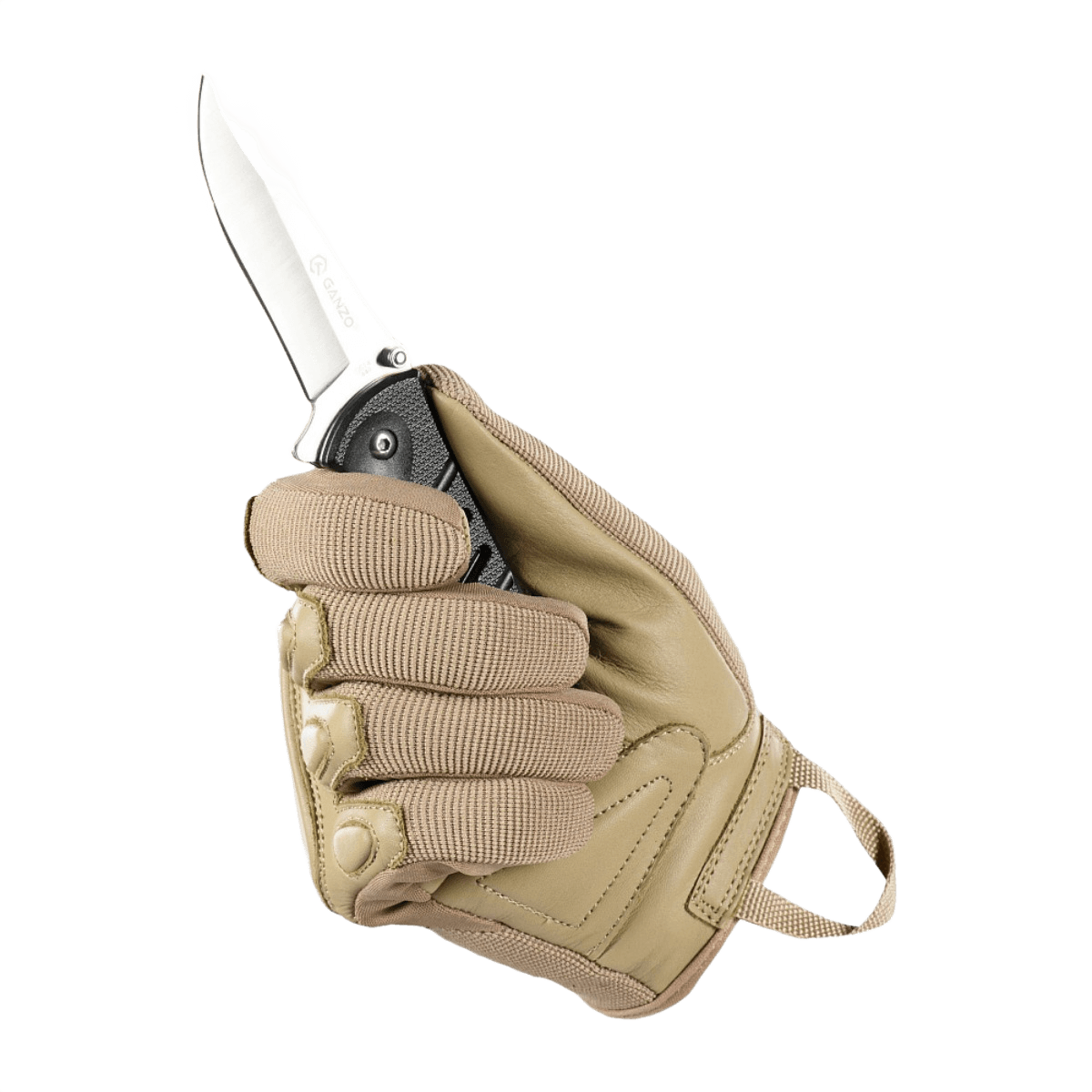 M-Tac Handsker Assault Tactical Mk.2 viser læderhandske med kniv for maksimal beskyttelse og komfort.