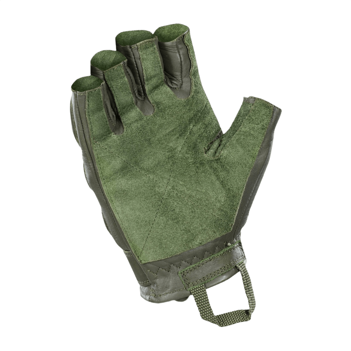 Grøn M-Tac Fingerløse Handsker Assault Tactical Mk.1 med forstærket læderhåndflade og velcrolukning.