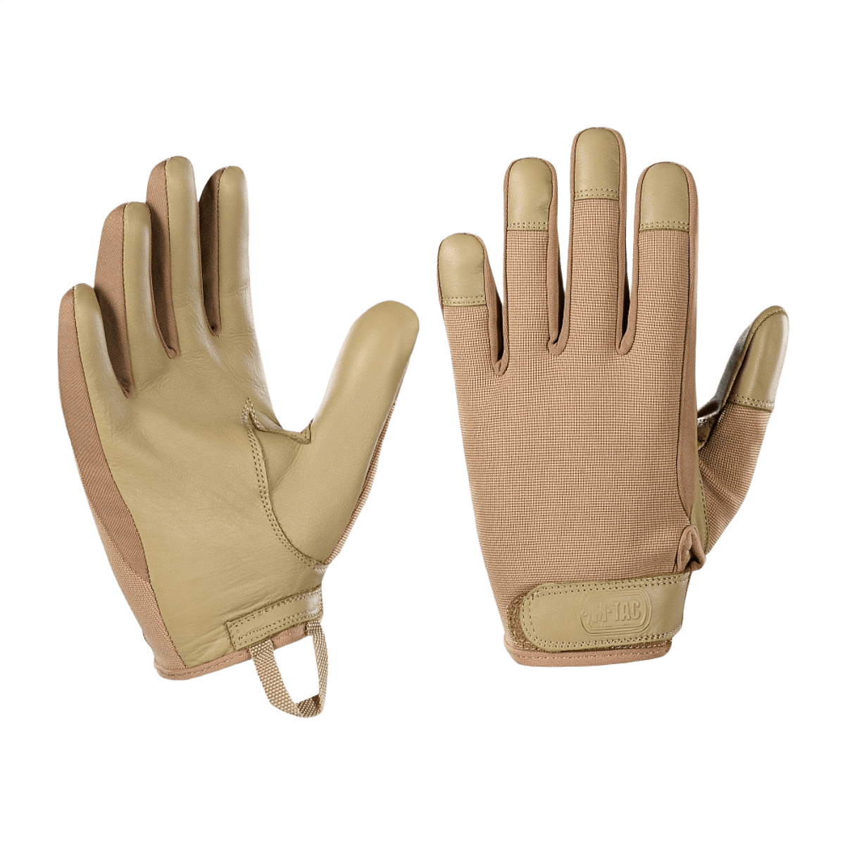 M-Tac Handsker Police i syntetisk materiale og læder, ideelle til politi og sikkerhedsarbejde med velcrolukning og polstring.