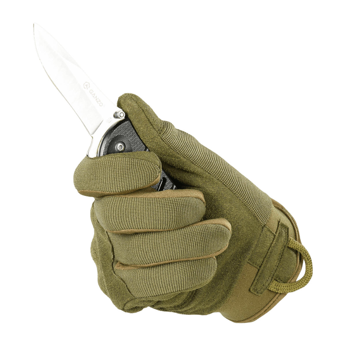 M-Tac Handsker Assault Tactical Mk.5 med justerbar velcro og kniv i hånd. Grøn handske til taktisk brug.