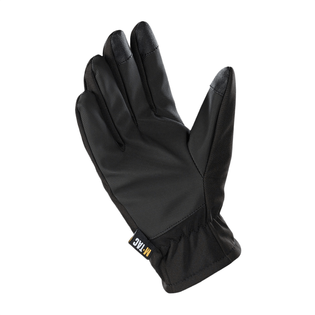 M-Tac Handsker Soft Shell Thinsulate i sort, designet til køligt vejr med læderforstærkning og touchscreen-kompatibilitet.