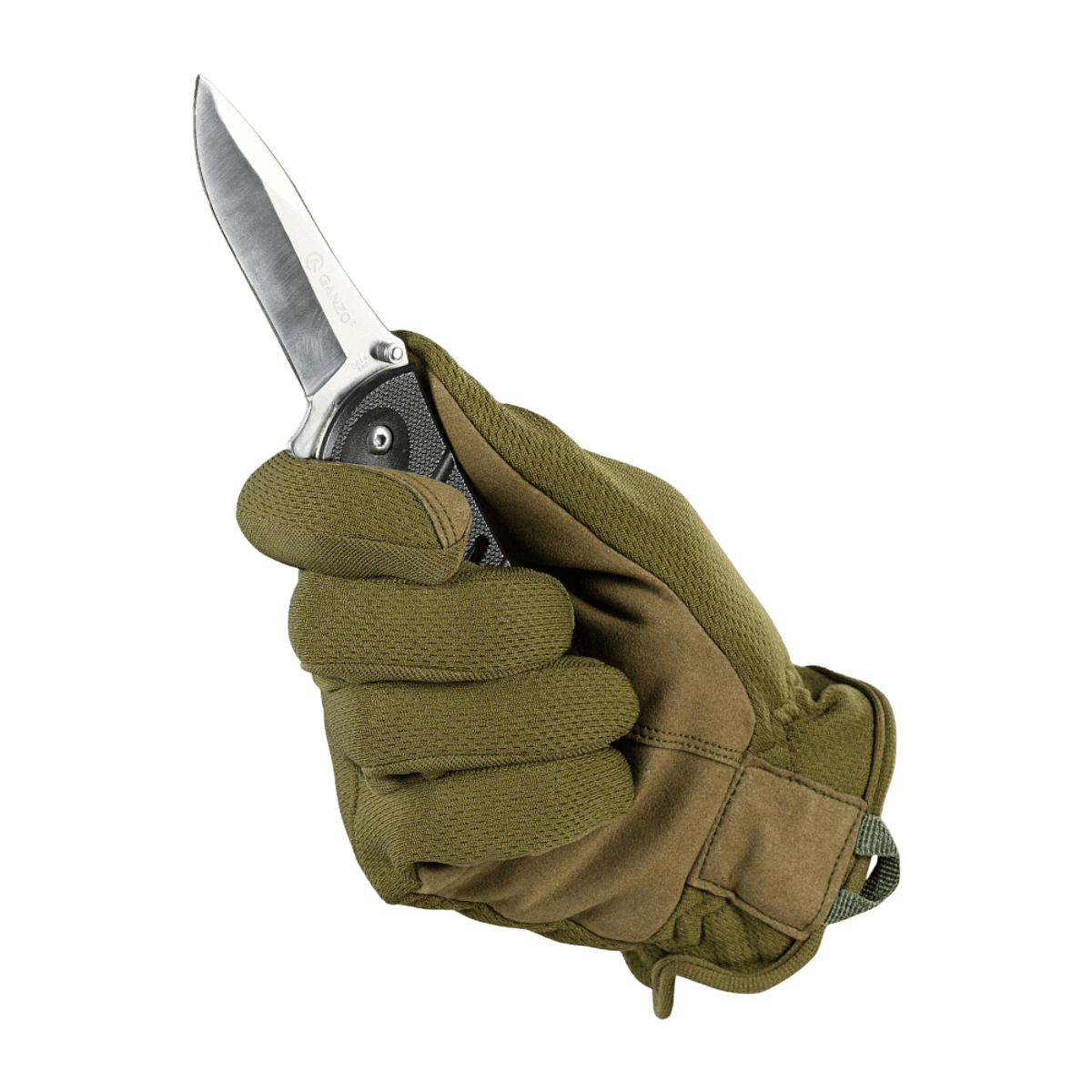 M-Tac Handsker Scout Tactical Mk.2 i brug med kniv, viser slidstærk syntetisk lædergreb, fleksibilitet og hurtig tørringsegenskaber