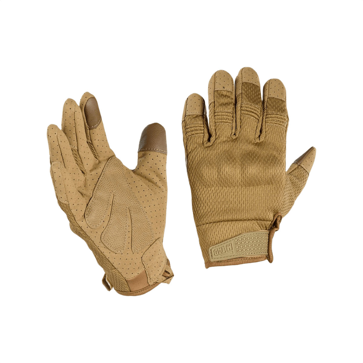 M-Tac Handsker A30 i beige mikrofiber med touchscreen-indsatser og forstærket PVC-pad på knoerne til skydning og træning.