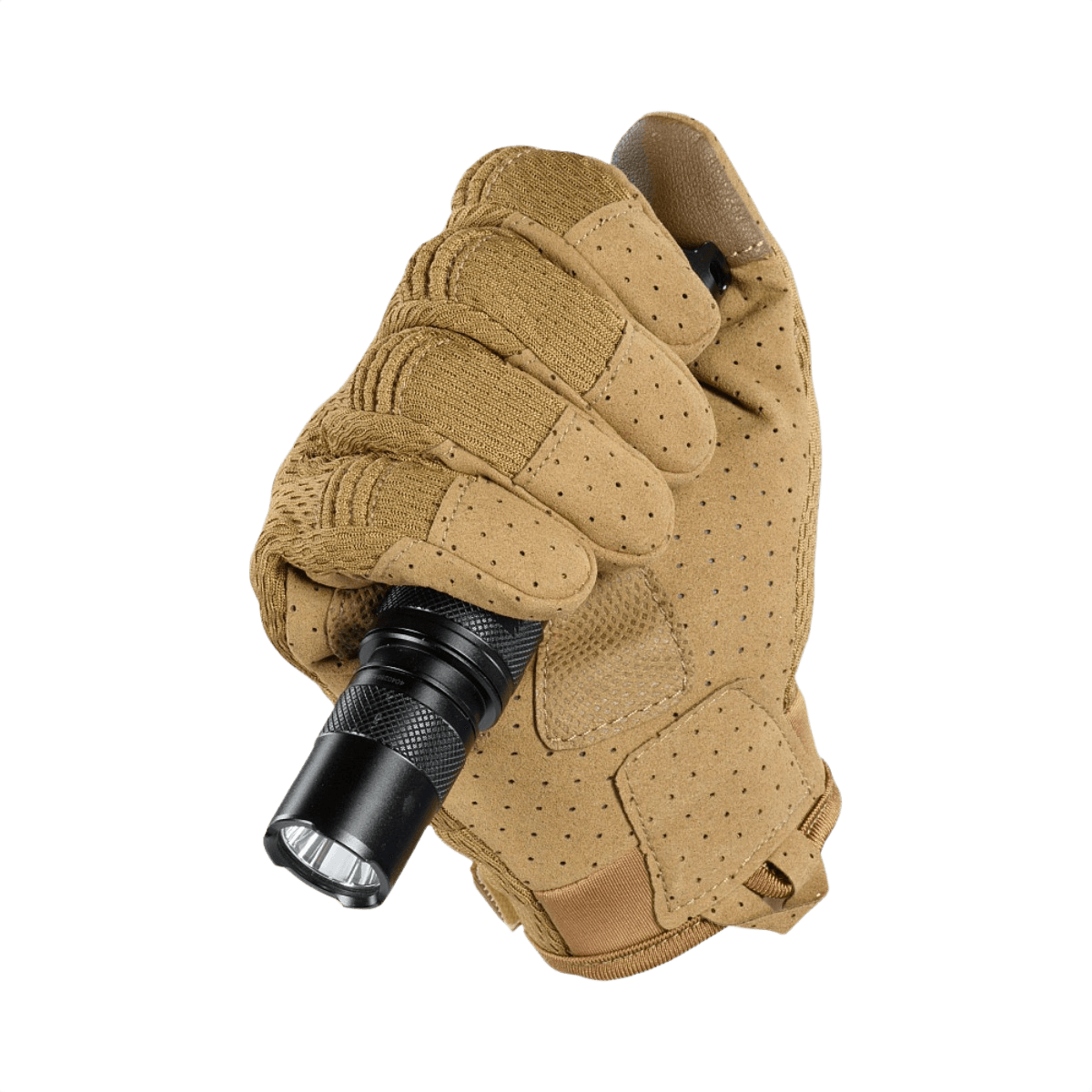 M-Tac Handsker A30 i brug med lommelygte, ideel til skydning og træning. Slidstærk mikrofiber og touchscreen-kompatibilitet.